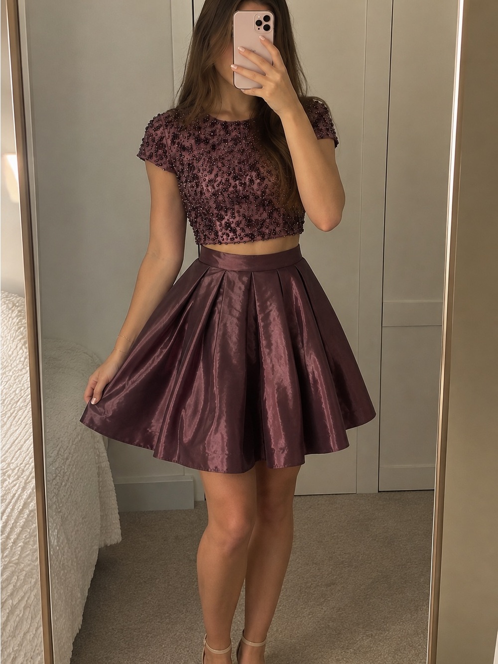 Sherri Hill Size 4 Mauve Beaded Crop Top & Taffeta Skirt 2 Piece